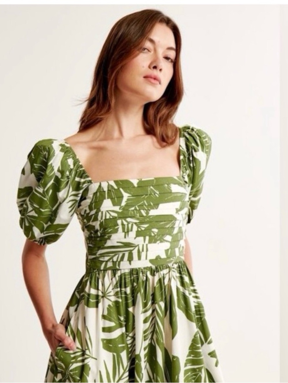 Abercrombie & Fitch Emerson Olive Green Leaf Midi Dress